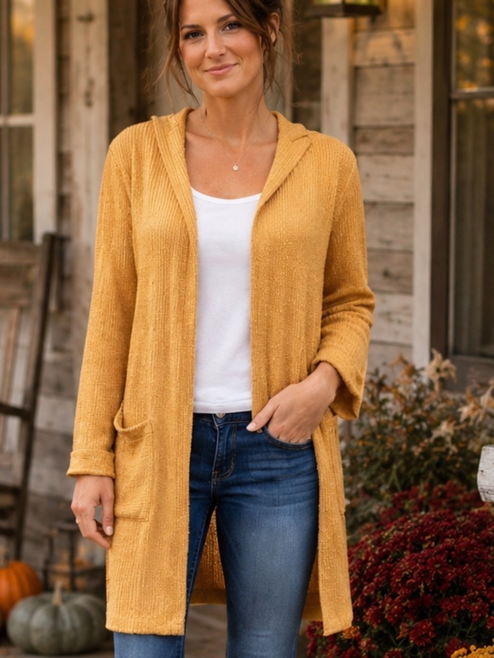 Agnes & Dora Mustard Yellow Hooded Cardigan Waffle Knit Open Front XS